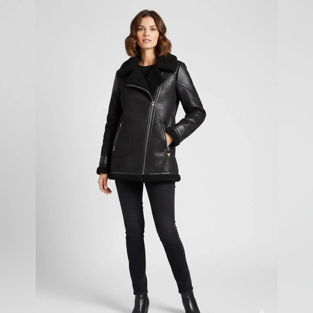 Guess Black Faux Leather Shearling Aviator Jacket Size M- Moto Biker Style - Picture 1 of 6